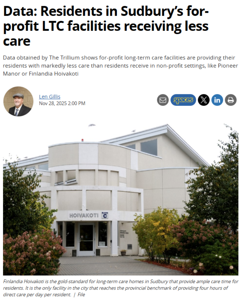 Data: Residents in Sudbury�s for-profit LTC facilities receiving less care